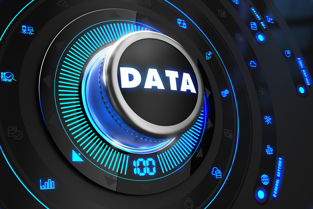 Data Controller on Black Control Console with Blue Backlight. Increase, improvement, control or management concept.